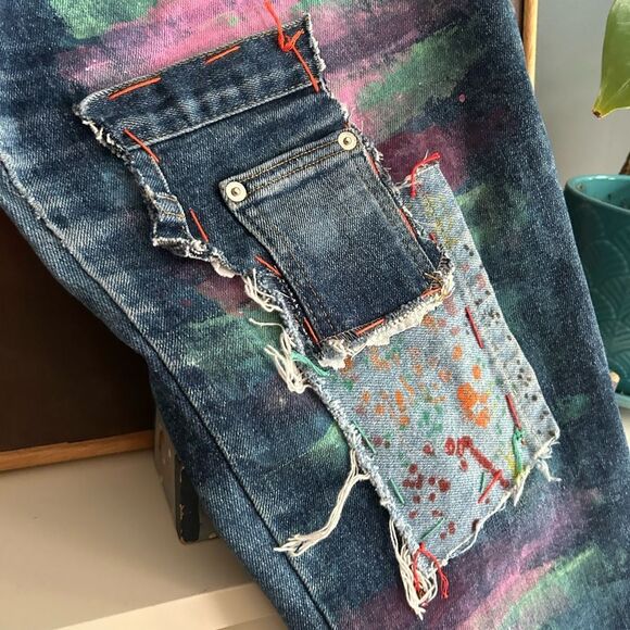 Upcycled Frayed Patchwork Jeans 33" Waist Handmade Streetwear Pants Painted - Picture 6 of 16